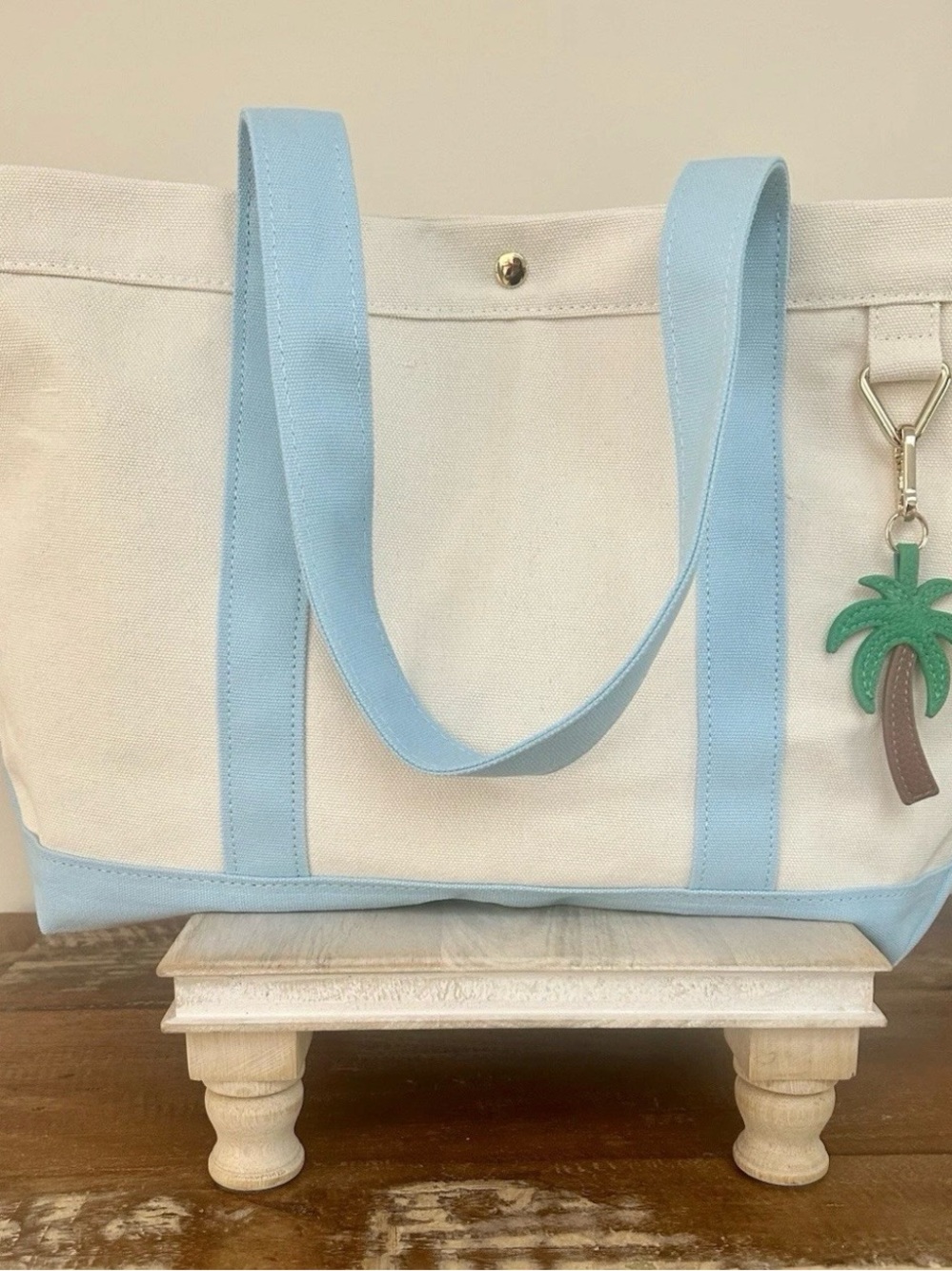 Bauble Bar Away We Go Cream Canvas Tote with Light Blue Trim and Palm Charm - Picture 2 of 8